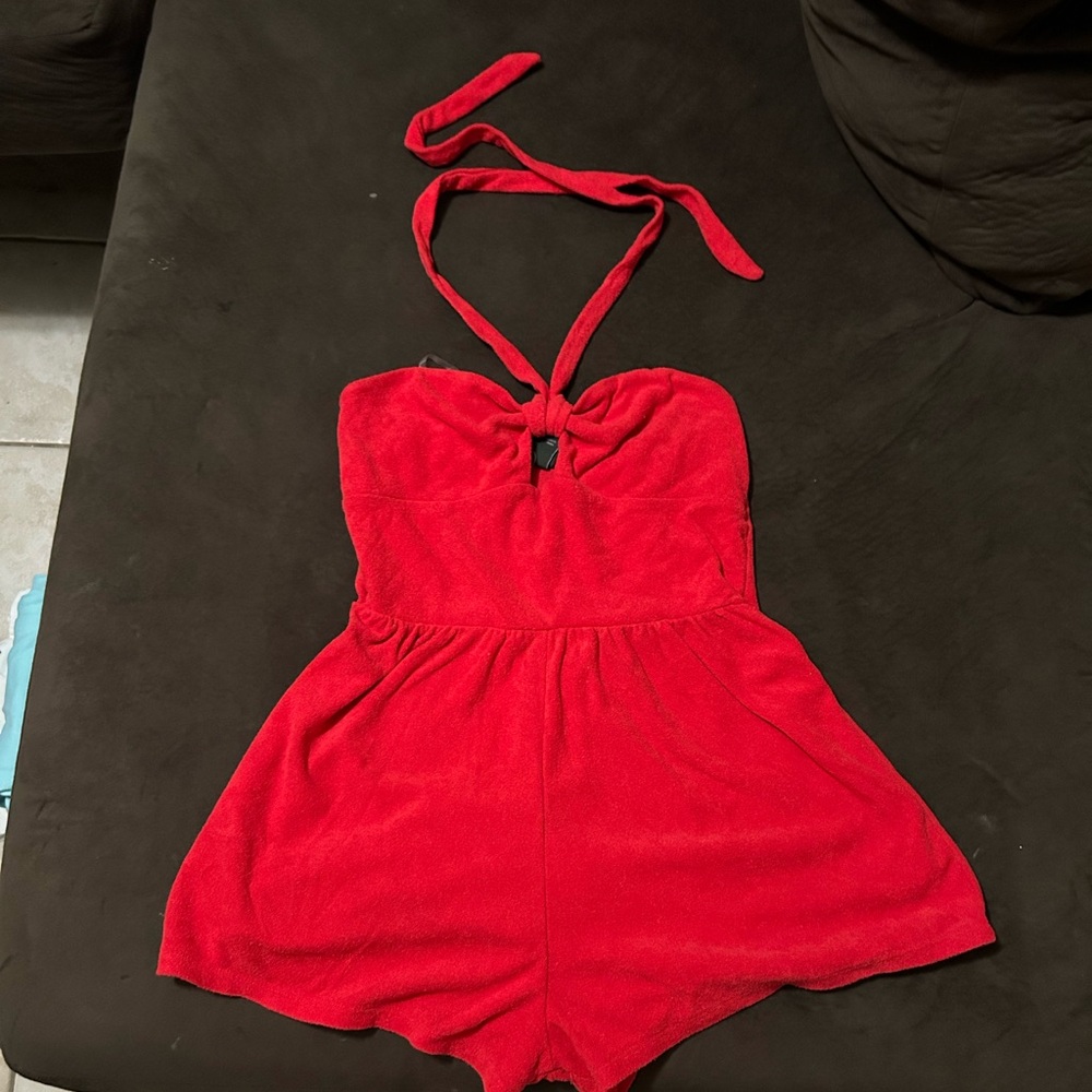 Red halter romper with tie back #playsuittowel material, versatile